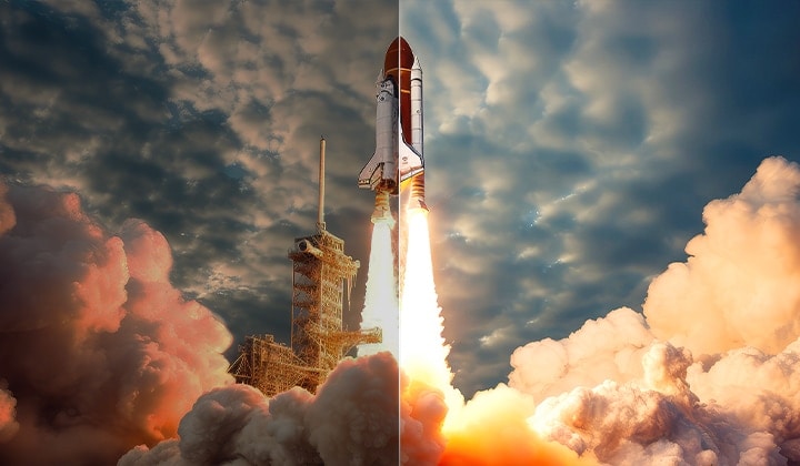 Scéna startu raketoplánu, který se rozpůlí. Jedna polovina scény je jasná a živá díky algoritmům společnosti LG pro zvýšení jasu. Druhá polovina je tmavá, vybledlá a šedá.