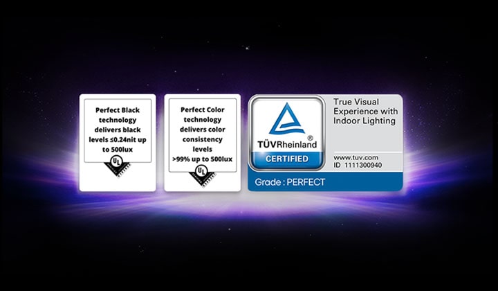 U funkcí displeje Perfect Black a Perfect Color jsou zobrazena loga s certifikací UL a TÜV.