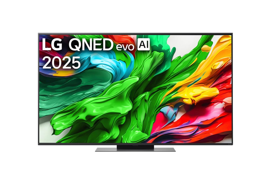 Pohled na LG QNED evo QNED85 TV zepředu, logo LG QNED evo Al v horním rohu. LG QNED evo QNED85 TV zobrazuje barevné kreslené textury, které se spojují.