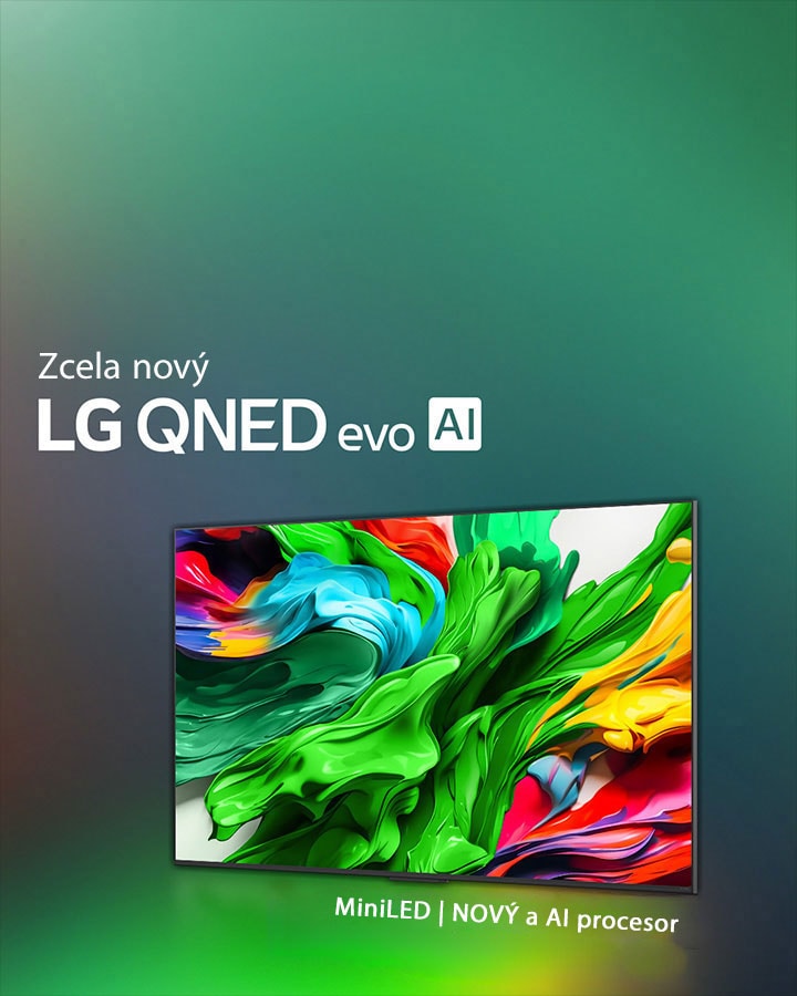 LG QNED TV na barevném tmavém pozadí. Na obrazovce je jasné a barevné umělecké dílo, které ukazuje barevnou technologii QNED a schopnost zobrazit široké spektrum odstínů s velkým kontrastem. Je zde nové logo LG QNED evo AI. Popisky vyzdvihují technologii QNED MiniLED a nový procesor alpha AI. Titulek zní: Every Color Redefined, New Experience Begins.
