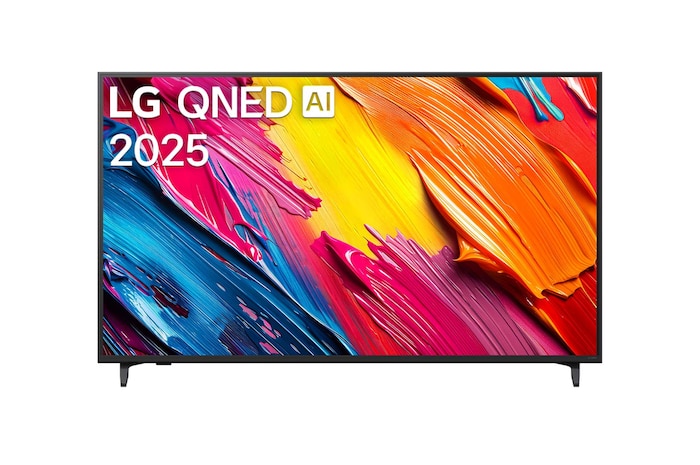 Pohled na televizor LG QNED70 TV zepředu, logo LG QNED Al v horním rohu. LG QNED TV zobrazuje barevné kreslené textury, které se spojují.