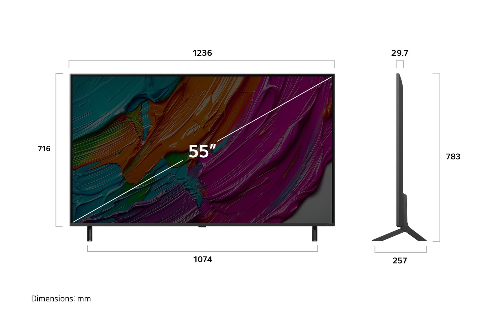 Pohled zepředu a z boku na LG QNED AI QNED8E 4K Smart TV s rozměry na délku, šířku, výšku a hloubku.