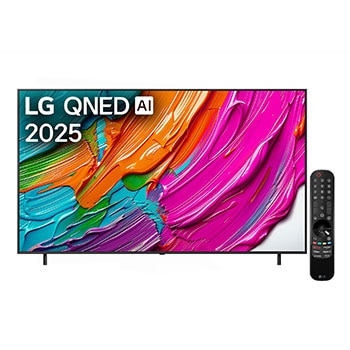 Pohled na televizor LG QNED8E TV zepředu, logo LG QNED Al v horním rohu. LG QNED TV zobrazuje barevné kreslené textury, které se spojují.