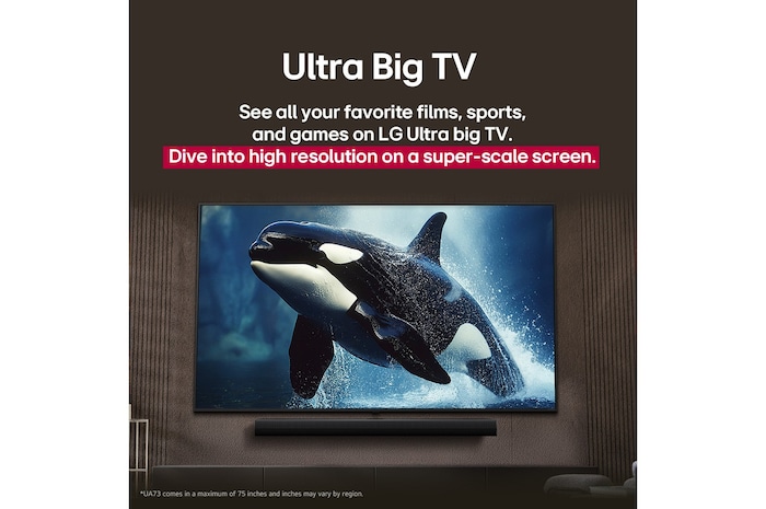 LG TV s působivě velkou obrazovkou umístěný na stěně nad soundbarem LG v moderně zařízeném obývacím pokoji.