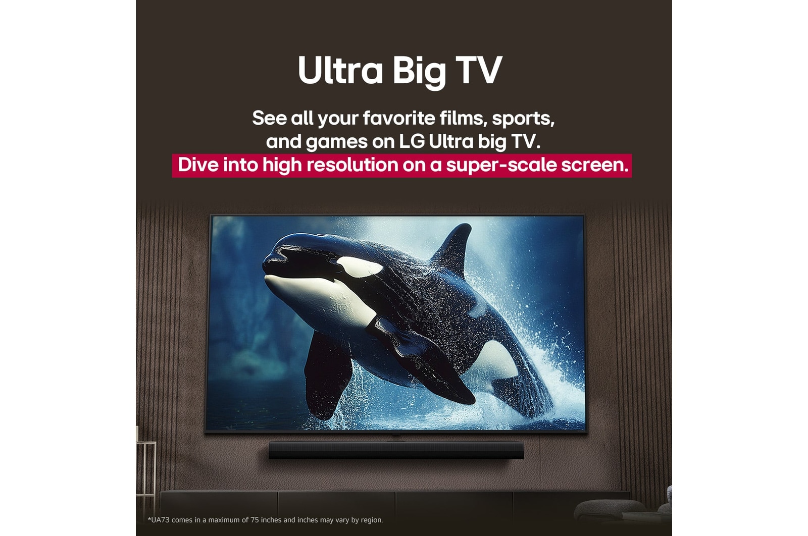 LG TV s působivě velkou obrazovkou umístěný na stěně nad soundbarem LG v moderně zařízeném obývacím pokoji.