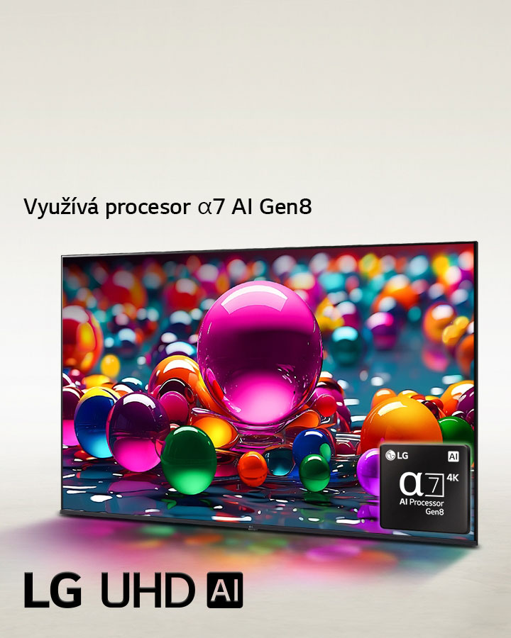 LG UHD TV je mírně nakloněný směrem doleva a zobrazuje barevné kuličky v různých barvách – růžové, modré a fialové. V pravém dolním rohu televizoru je umístěno logo Alpha 7 4K AI Processor. V levém dolním rohu se nachází logo LG UHD AI. Je vidět i text o tom, že zařízení využívá procesor LG alpha AI.