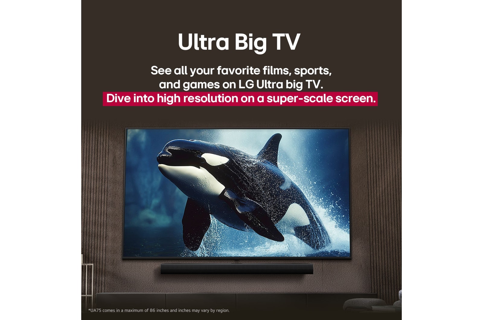 LG TV s působivě velkou obrazovkou umístěný na stěně nad soundbarem LG Soundbar v moderně zařízeném obývacím pokoji.