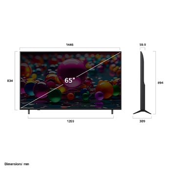 Pohled zepředu a z boku na LG UHD AI UA74 4K Smart TV s rozměry na délku, šířku, výšku a hloubku.