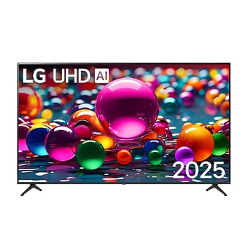 Čelní pohled na UHD UA74 TV, logo LG UHD Al v horním rohu. LG UHD TV zobrazuje barevné kreslené textury, které se spojují.