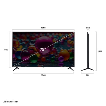 Pohled zepředu a z boku na LG UHD AI UA74 4K Smart TV s rozměry na délku, šířku, výšku a hloubku.