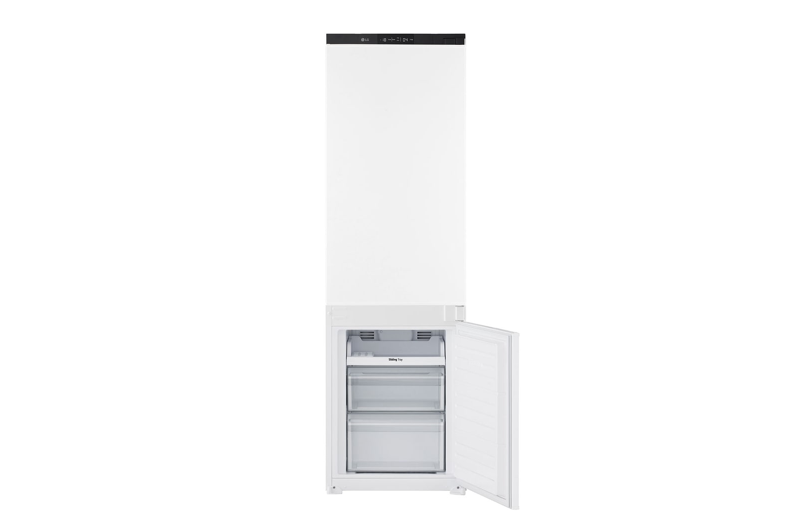 Detail spodní části vestavné kombinované chladničky (233 l) v bílé barvě s technologií Total No Frost a zásuvkou na čerstvou zeleninu.