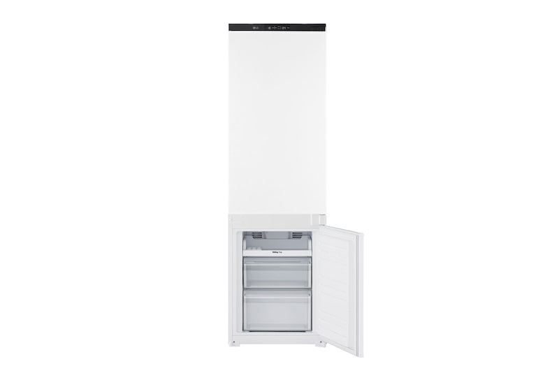 Detail spodní části vestavné kombinované chladničky (233 l) v bílé barvě s technologií Total No Frost a zásuvkou na čerstvou zeleninu.