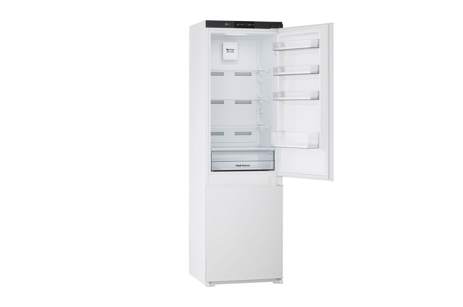 Pohled z pravé strany na vestavnou kombinovanou chladničku (233 l) v bílé barvě s technologií Total No Frost a zásuvkou na čerstvou zeleninu.