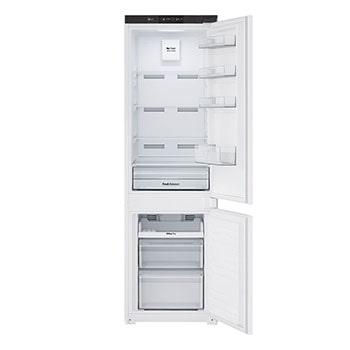 Detailní pohled dovnitř vestavěné ledničky 233L s mrazákem dole, bílé barvy, s funkcí Total No Frost a zásuvkou na čerstvou zeleninu.