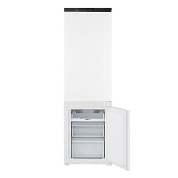 Detail spodní části vestavné kombinované chladničky (233 l) v bílé barvě s technologií Total No Frost a zásuvkou na čerstvou zeleninu.