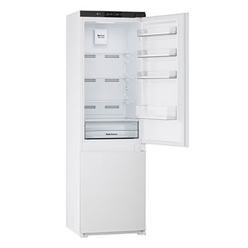Pohled z pravé strany na vestavnou kombinovanou chladničku (233 l) v bílé barvě s technologií Total No Frost a zásuvkou na čerstvou zeleninu.