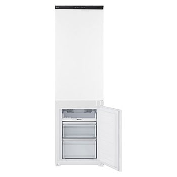 Detail spodní části vestavné kombinované chladničky (233 l) v bílé barvě s technologií Total No Frost a zásuvkou na čerstvou zeleninu.