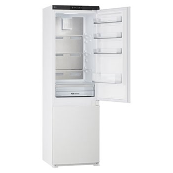 Pohled z pravé strany na vestavnou kombinovanou chladničku (233 l) v bílé barvě s technologií Total No Frost a zásuvkou na čerstvou zeleninu.
