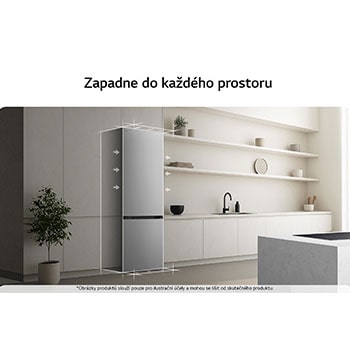 Spodní mraznička LG (gbbs726cpy) je zapuštěna do vysoké stěny v teplé béžové barvě s bílými šipkami směřujícími k horní a přední straně