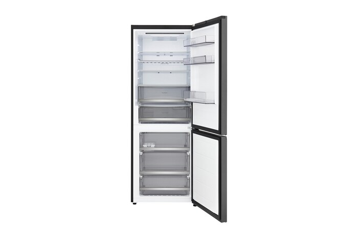 LG bottom freezer (GBBW726AEV) full door open view showing fridge and freezer compartments