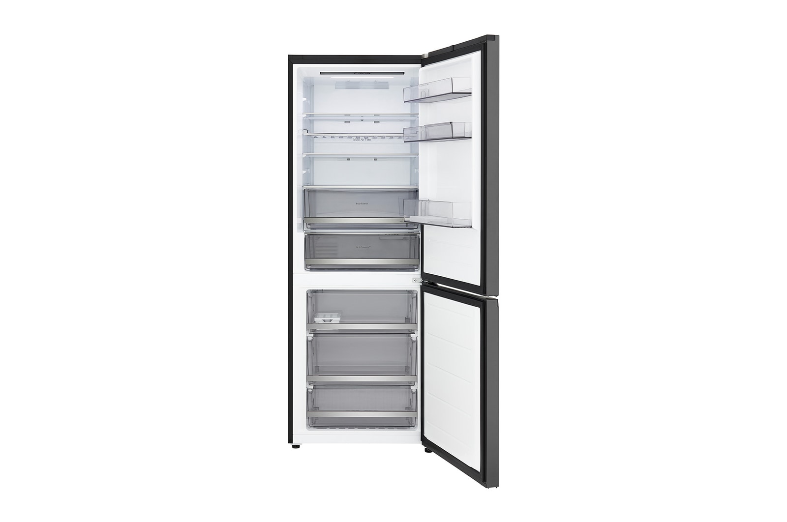 LG bottom freezer (GBBW726AEV) full door open view showing fridge and freezer compartments