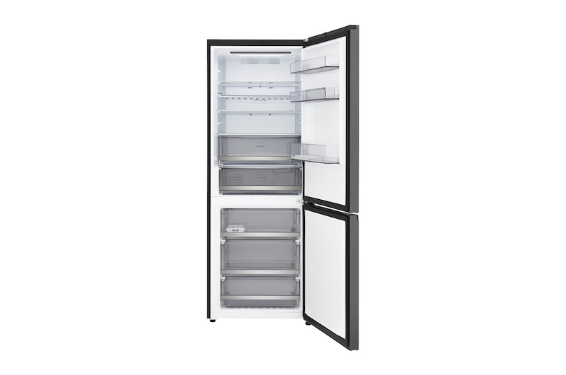 LG bottom freezer (GBBW726AEV) full door open view showing fridge and freezer compartments