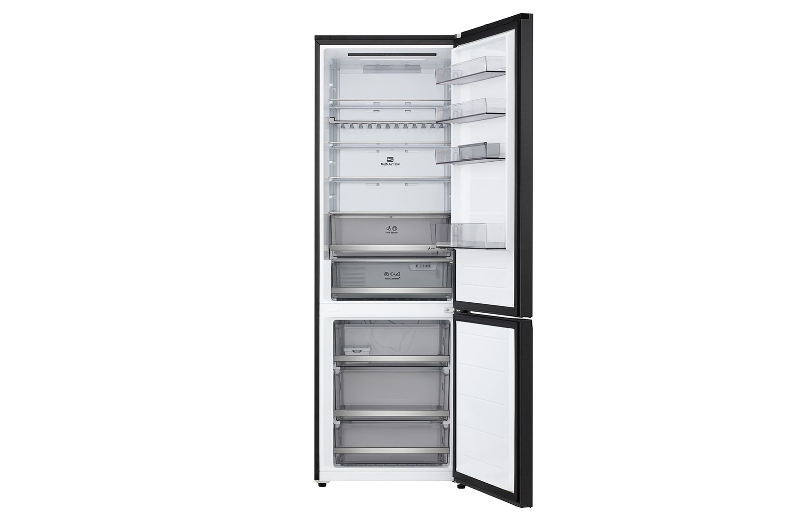 LG bottom freezer (GBBW726AEV) full door open view showing fridge and freezer compartments