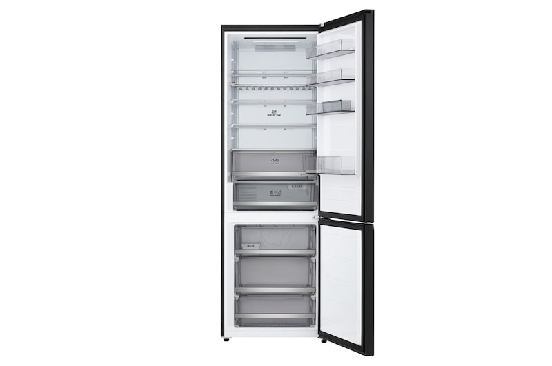 LG bottom freezer (GBBW726AEV) full door open view showing fridge and freezer compartments