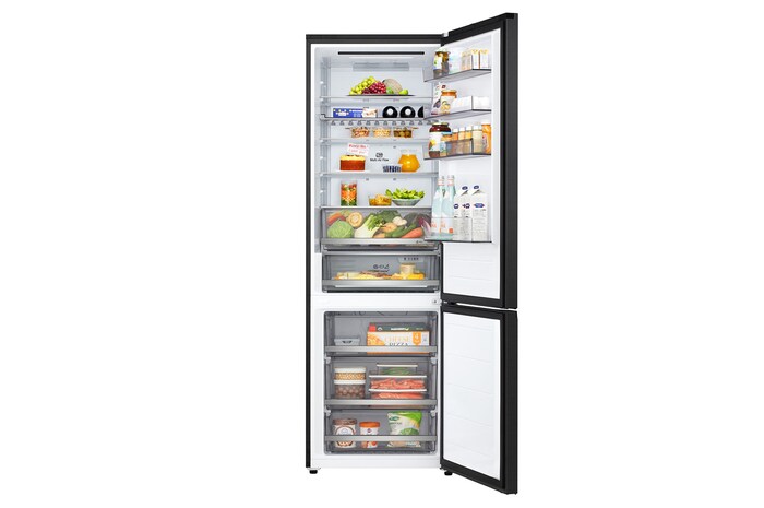 LG fridge freezer (GBBW726AEV) top view with matte black fridge on left and cabinet wall on right