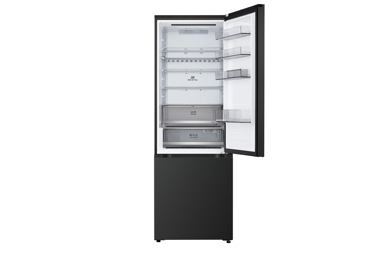 LG bottom freezer (GBBW726AEV) in living space with night city view overlaid with AI Saving Mode graphic and fluctuating energy chart