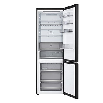 LG bottom freezer (GBBW726AEV) full door open view showing fridge and freezer compartments