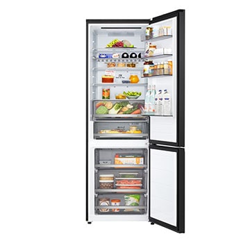 LG fridge freezer (GBBW726AEV) top view with matte black fridge on left and cabinet wall on right