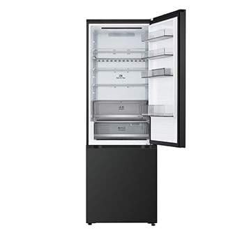 LG bottom freezer (GBBW726AEV) in living space with night city view overlaid with AI Saving Mode graphic and fluctuating energy chart