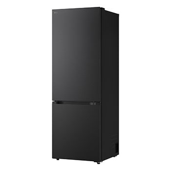 LG fridge freezer (GBBW726AEV) shelf highlighted in blue with arrows up and down right image shows folded shelf holding two water bottles