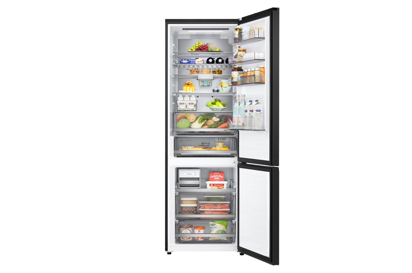 LG bottom freezer (GBBW726AEV) full door open view showing fridge and freezer compartments