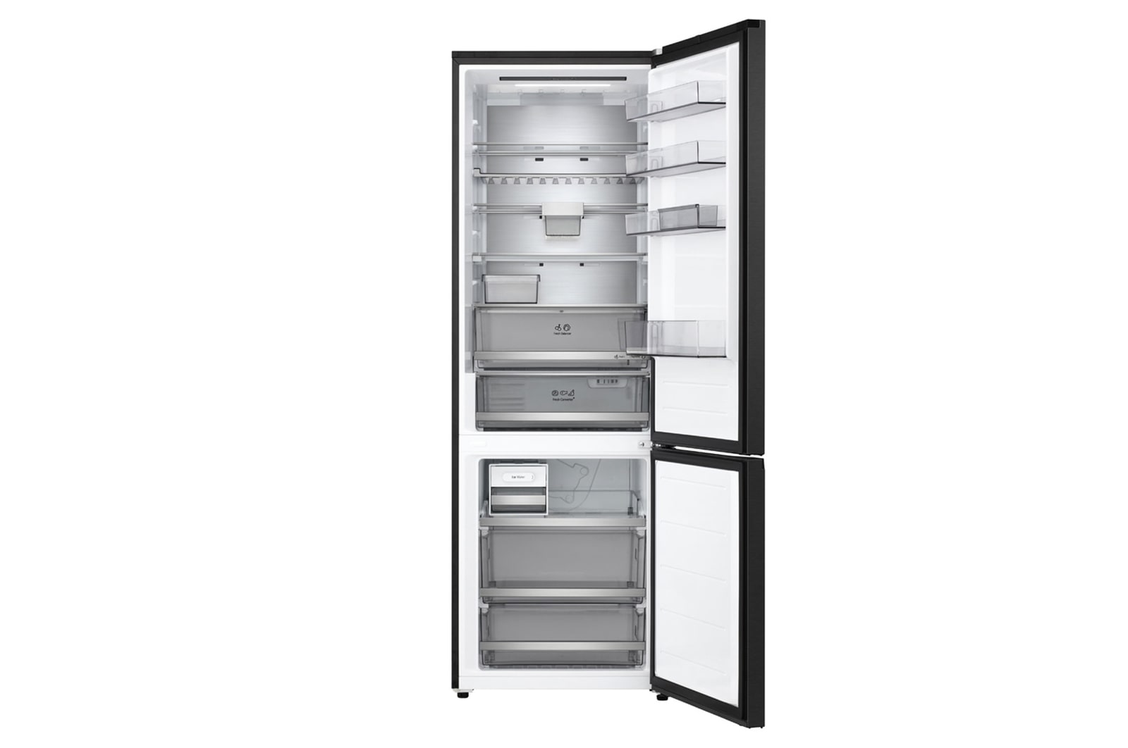 LG fridge freezer (GBBW726AEV) top view with matte black fridge on left and cabinet wall on right