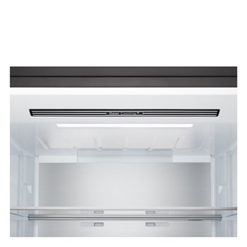 LG bottom freezer (GBBW726AEV) in living space with night city view overlaid with AI Saving Mode graphic and fluctuating energy chart