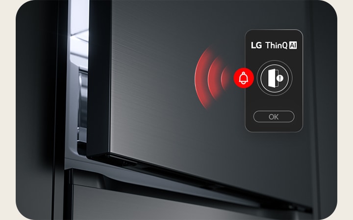 Kombinovaná chladnička LG (GBBW726AEV) má mírně pootevřené horní dveře a červený vlnovkový grafický symbol zobrazující ikonu otevřených dveří a výstražnou ikonu.