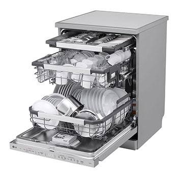 Obrázek napůl otevřené přední části myčky s nádobím