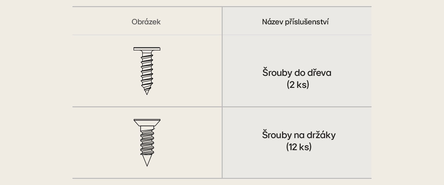 Šrouby do dřeva a šrouby na držáky potřebné pro instalaci