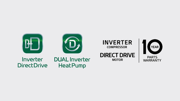 Je zde logo Inverter Direct Drive a logo s desetiletou zárukou.