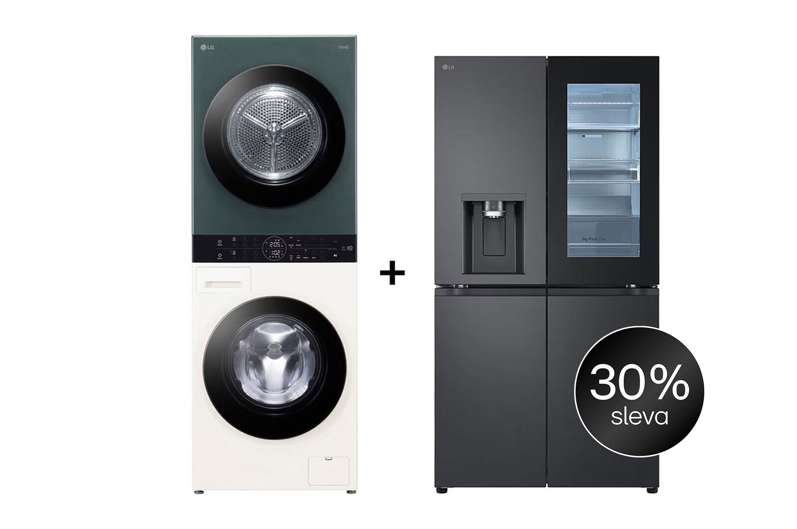 Čelní pohled na SET | LG WashTower WT1210EGF + Chladnička InstaView™ GMG960EVEE CHPRSET4