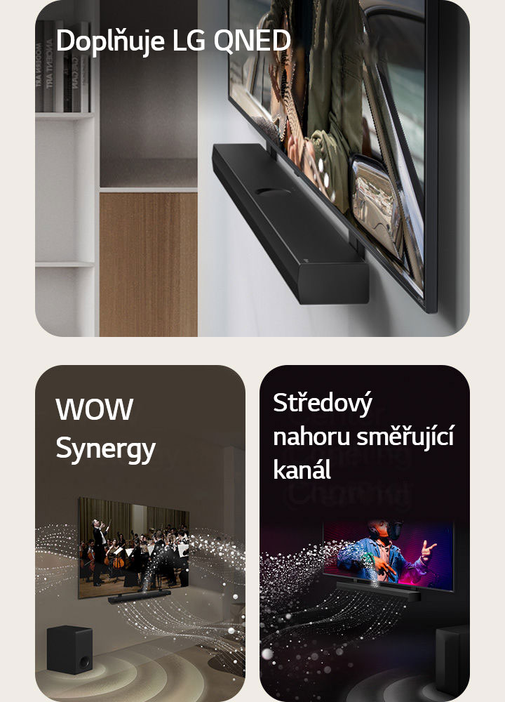 LG Soundbar a LG QNED TV u stěny s QNED Matching Bracket v šedém a dřevěném obývacím prostoru v natočené perspektivě, zobrazující muže hrajícího na kytaru před oceánem. LG Soundbar a LG TV v obývacím pokoji při představení orchestru. Bílé vlny kapiček představující zvukové vlny vystupují ze soundbaru směrem nahoru a dopředu a promítají se z televizoru, protože subwoofer vytváří zvukový efekt zespodu. LG Soundbar a LG TV v černé místnosti při hudebním představení. Bílé kapky představující zvukové vlny vystřelují ze soundbaru nahoru a dopředu, protože subwoofer vytváří zvukový efekt zespodu.