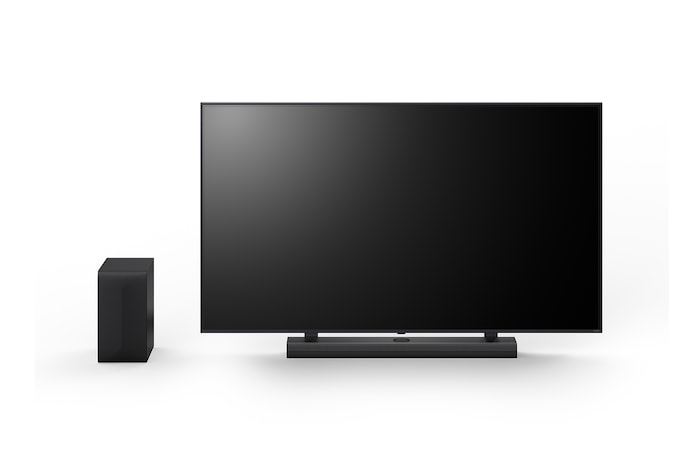 Čelní pohled na 65" LG QNED, LG Soundbar S70TY a subwoofer