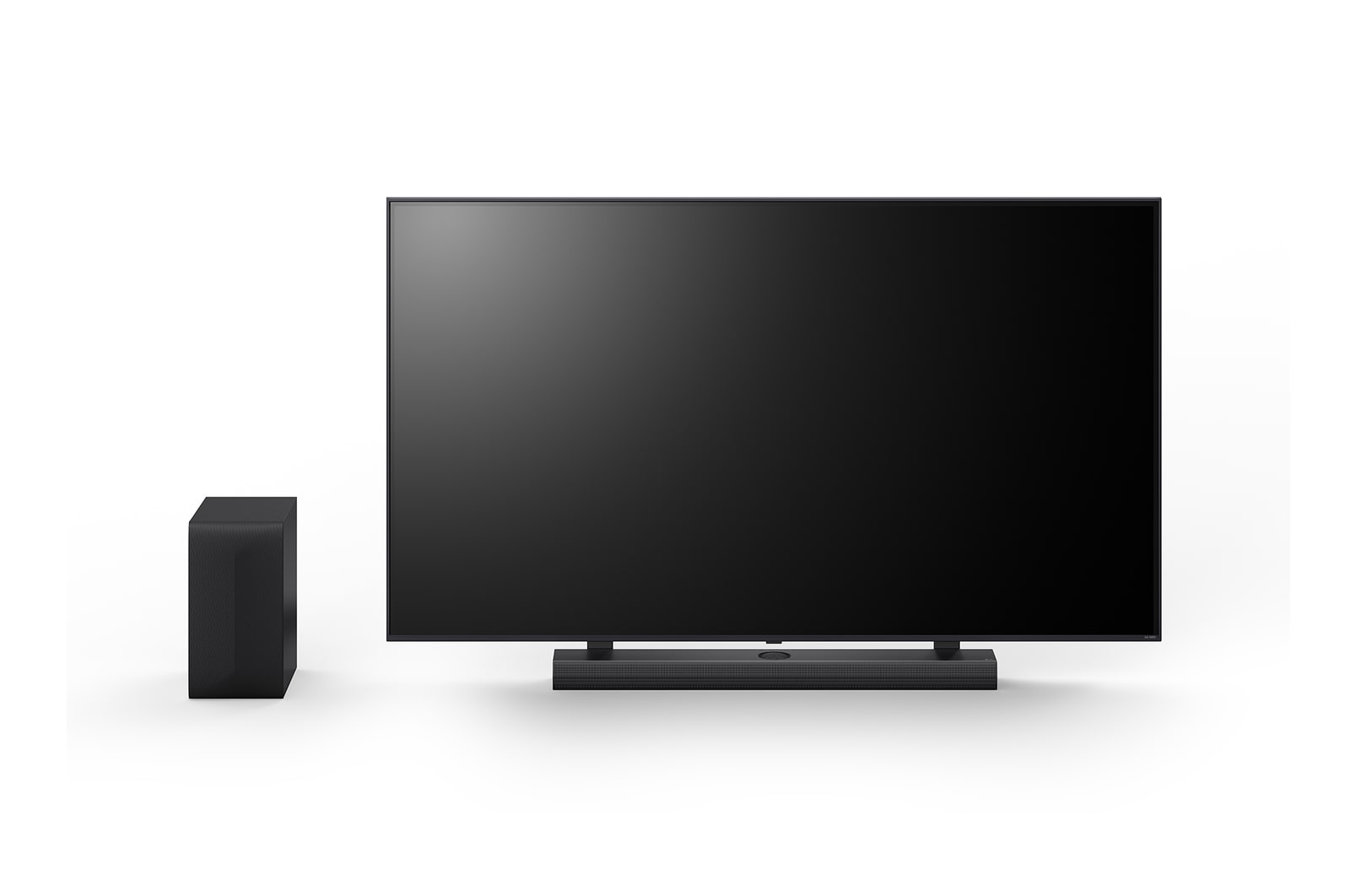Čelní pohled na 65" LG QNED, LG Soundbar S70TY a subwoofer