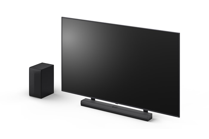 Natočený pohled na LG Soundbar S70TY a subwoofer