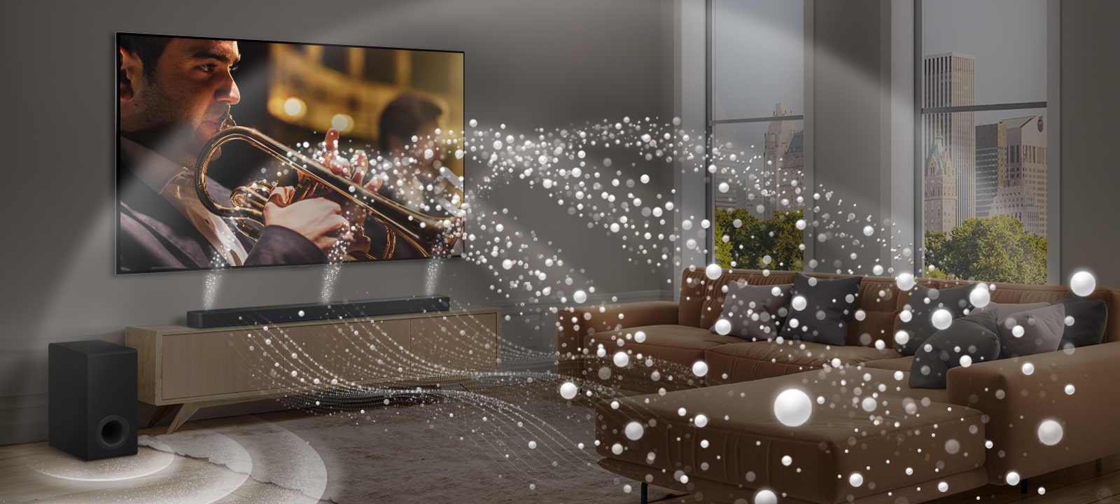 LG Soundbar, LG TV a subwoofer v moderním městském bytě. LG Soundbar vysílá tři proudy zvukových vln tvořené bílými kapkami, které se vznášejí u podlahy. Další bílé kapky zvukových vln vystřelují z horní části soundbaru. Vedle soundbaru je subwoofer vytvářející zvukový efekt zespodu. Jako celek vytvářejí v místnosti kopulovitý efekt.
