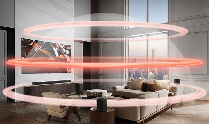 LG Soundbar a LG TV jsou ve velkém městském bytě. Postupně se objeví tři červené pruhy znázorňující virtuální vrstvy, které se spojí a vytvoří ucelenou zvukovou kopuli.