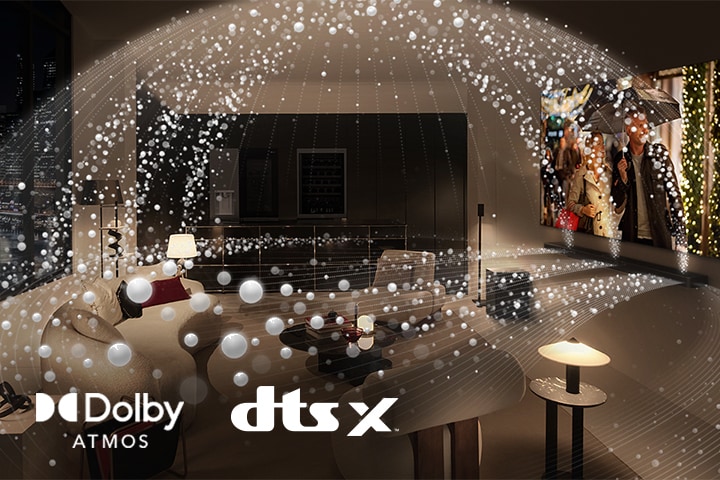 Boční pohled na LG OLED TV a LG Soundbar přehrávající film v moderním městském bytě. Bílé korálky znázorňující zvukové vlny vystupují nahoru a dolů ze soundbaru a TV, čímž vzniká zvuková kopule v prostoru. Logo Dolby Atmos Logo DTS X
