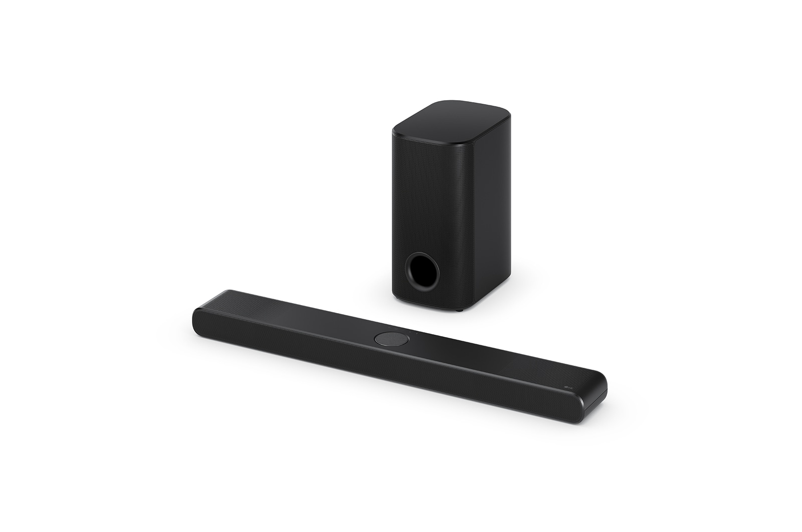 Horní natočený pohled na LG Soundbar S77TY a subwoofer